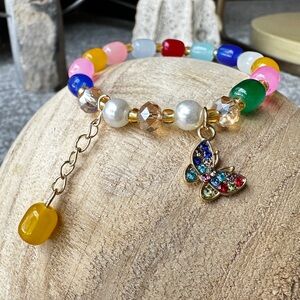 Multicolor Glass Bead Bracelet w/ Gold Butterfly Charm Dangle Single Bead